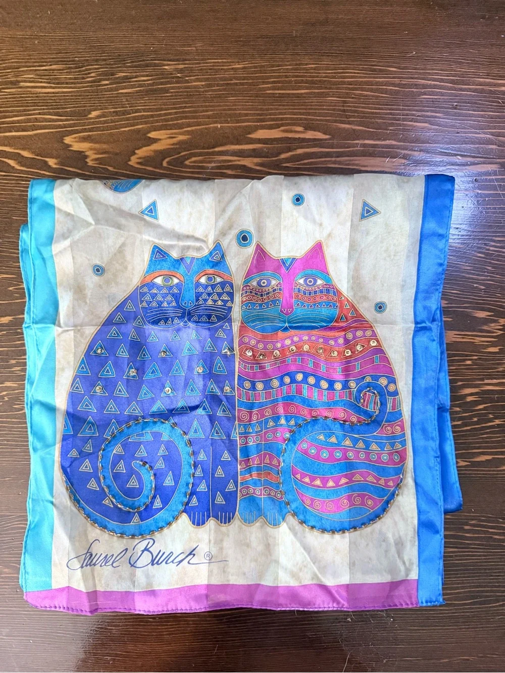 Laurel Burch Silk Scarf Vintage Cat Art Whimsical Feline Oblong 11x53 Blue⁠